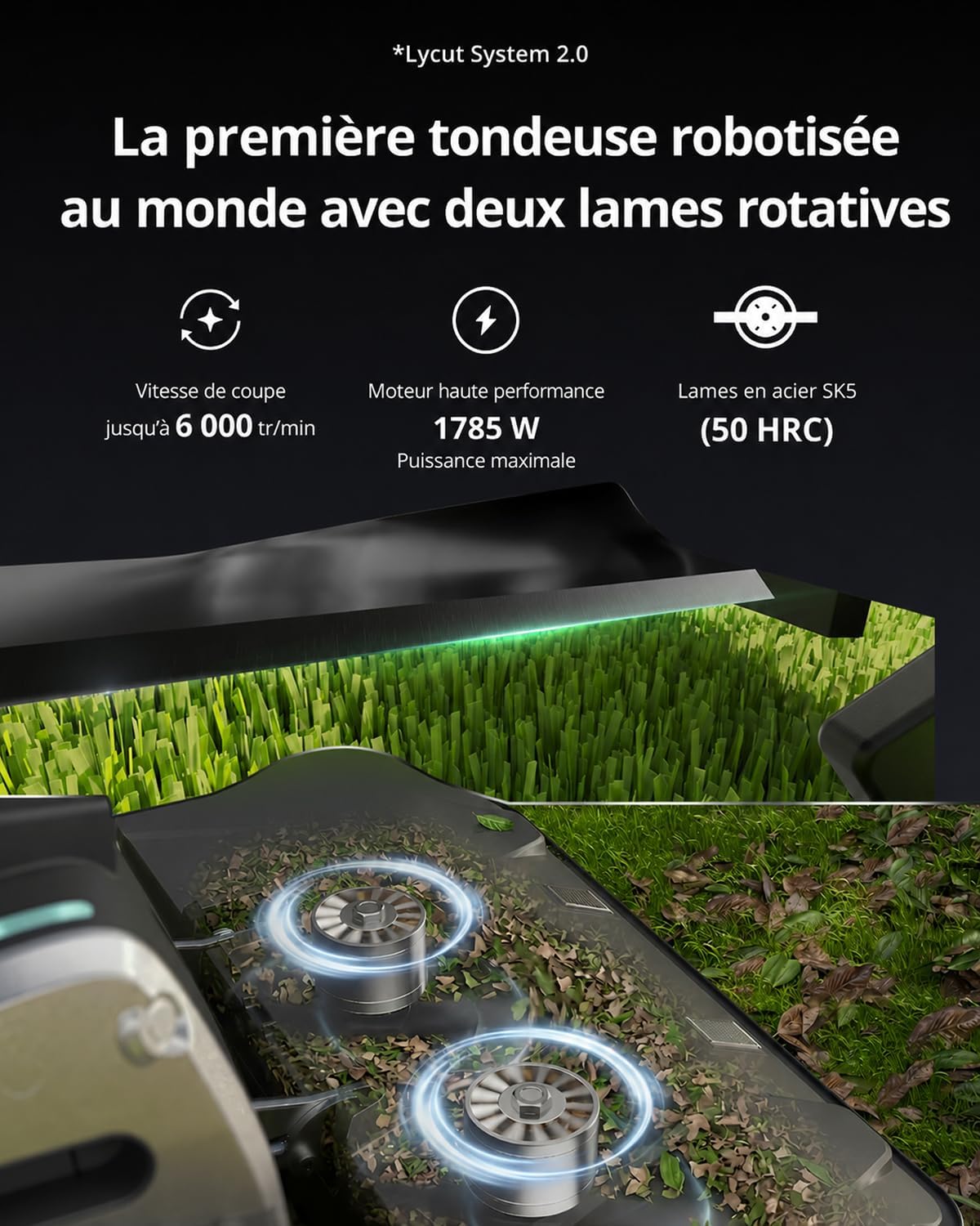 One Plus Robot Tondeuse Évitement d'obstacles IA, Pentes 45°, Double Lame Rotative SK5, Hauteur de Coupe 30-100 mm, RTK+VSLAM, pour 7000 ㎡, Gestion 80 Zones, App Control 10A - 7000㎡/Jour