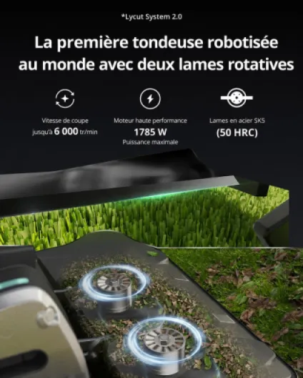 One Plus Robot Tondeuse Évitement d'obstacles IA, Pentes 45°, Double Lame Rotative SK5, Hauteur de Coupe 30-100 mm, RTK+VSLAM, pour 7000 ㎡, Gestion 80 Zones, App Control 10A - 7000㎡/Jour