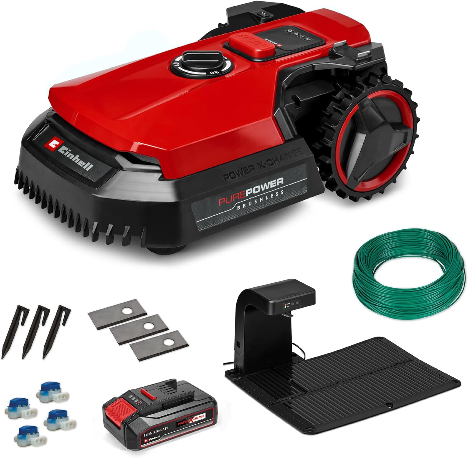 Robot-Tondeuse FREELEXO 500 Power X-Change (18 V, Commande par app - Mobile, IPX5, mises à Jour Over-The-Air (OTA) par WiFi, avec matériel d’Installation pour 500 m² et Batterie 2,5 Ah Plus)