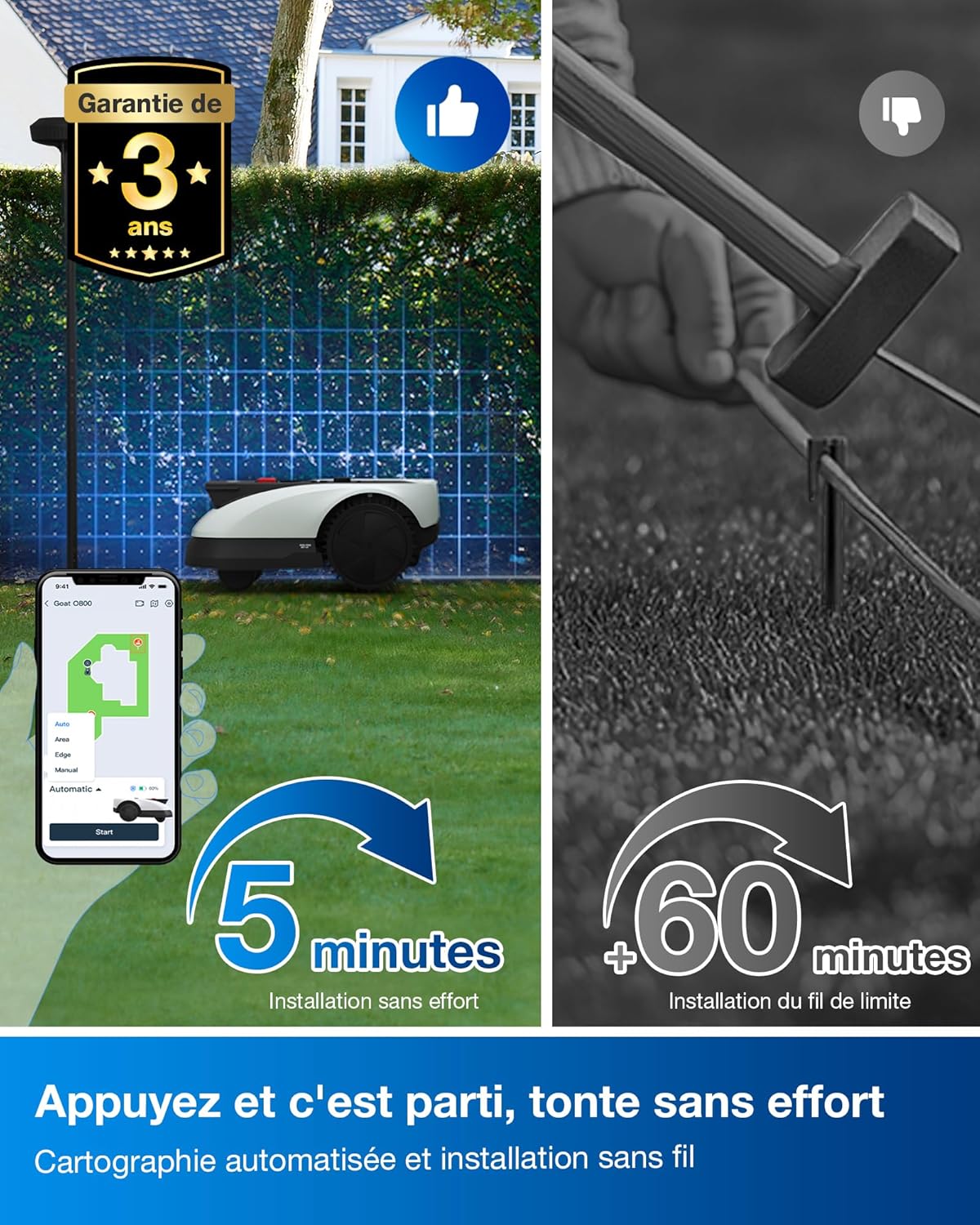 Goat O500 Robot Tondeuse panoramique sans câble de délimitation, 500 m², cartographie Automatique, Robot Tondeuse à Gazon, sans Configuration, Navigation visuelle Prise en Charge LiDAR
