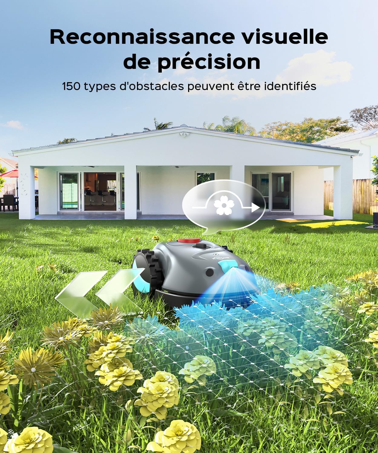 V100 Robot Tondeuse sans Fil Périphérique, avec Caméra, évitement d'obstacles, Navigation Visuelle, 150㎡ Robot Tondeuse Gazon Batterie 4 Ah, avec Lames de Rechange, Coupe en Spirale Gris fumé