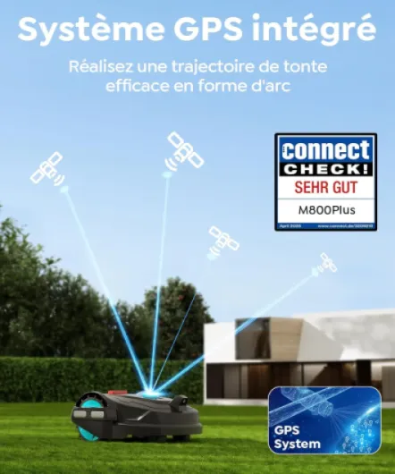 M800Plus Robot Tondeuse sans Fil Périphérique Max 800m², Positionnement GPS + Navigation Visuelle IA, Coupe en U, Retour Automatique Station Charge+APP, Évitement Intelligent des Obstacles Noir profond