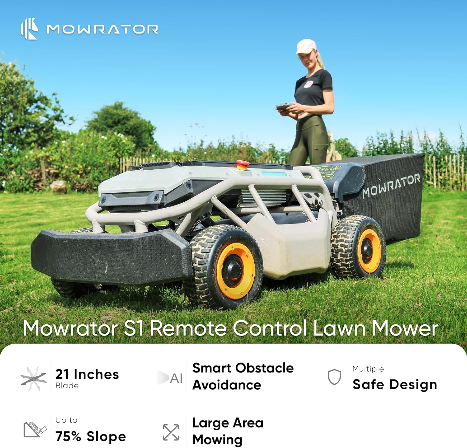 RC Lawn Mower S1 4WD 56V 18Ah, Tondeuse Télécommandée Multifonction, Lame 53cm, Coupe 3,8–11cm, Pente 75% (37°), 4500m², Robot de Tonte Puissant et Précis 4 WD18 Ah