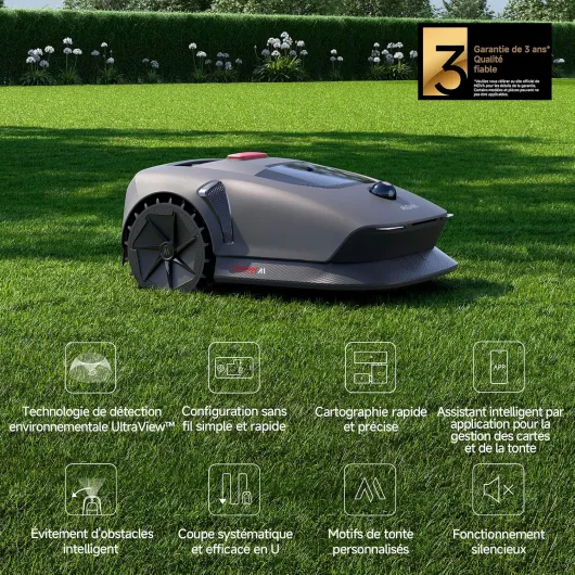 600 Robot Tondeuse Installation sans Fil, cartographie 360° 3D LiDAR jusqu'à 600 m², évitement Intelligent des Obstacles - Contrôle Via App, Coupe en U, Silencieux, alertes de sécurité.