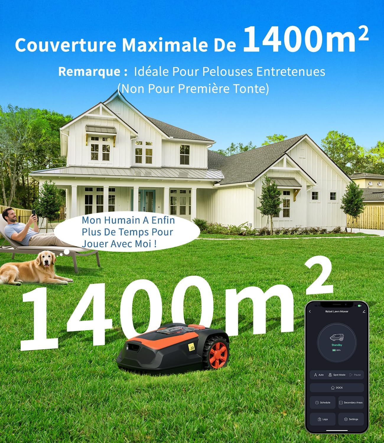 M1 Robot Tondeuse avec Câble Périphérique Jusqu’à 1400 m², Tondeuse Robot Automatique, Hauteur de Coupe 25–65 mm, Pente Jusqu’à 47%, Largeur de Coupe 22 cm, Contrôle Via App et Bluetooth
