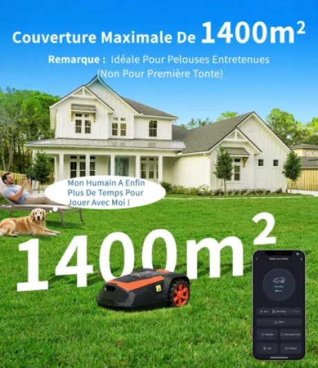 M1 Robot Tondeuse avec Câble Périphérique Jusqu’à 1400 m², Tondeuse Robot Automatique, Hauteur de Coupe 25–65 mm, Pente Jusqu’à 47%, Largeur de Coupe 22 cm, Contrôle Via App et Bluetooth