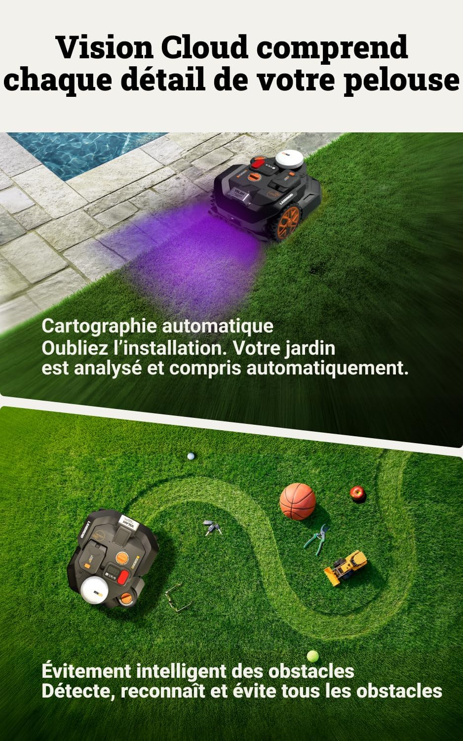Vision Cloud 2WD WR306E Robot tondeuse 600 m² sans fil périphérique + Garage (évitement d'obstacles par IA, navigation VSLAM + RTK Cloud, cartographie auto, contrôle via application, Cut-to-Zero)