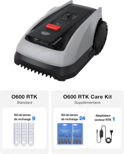 Robot Tondeuse sans Fil, 600 M², Navigation RTK+Vision, Robot Tondeuse, Évitement des Obstacles par IA, Contrôle par Application, Passe sur Zones Étroites de 0,7 Mètre (O600 RTK Care Kit)