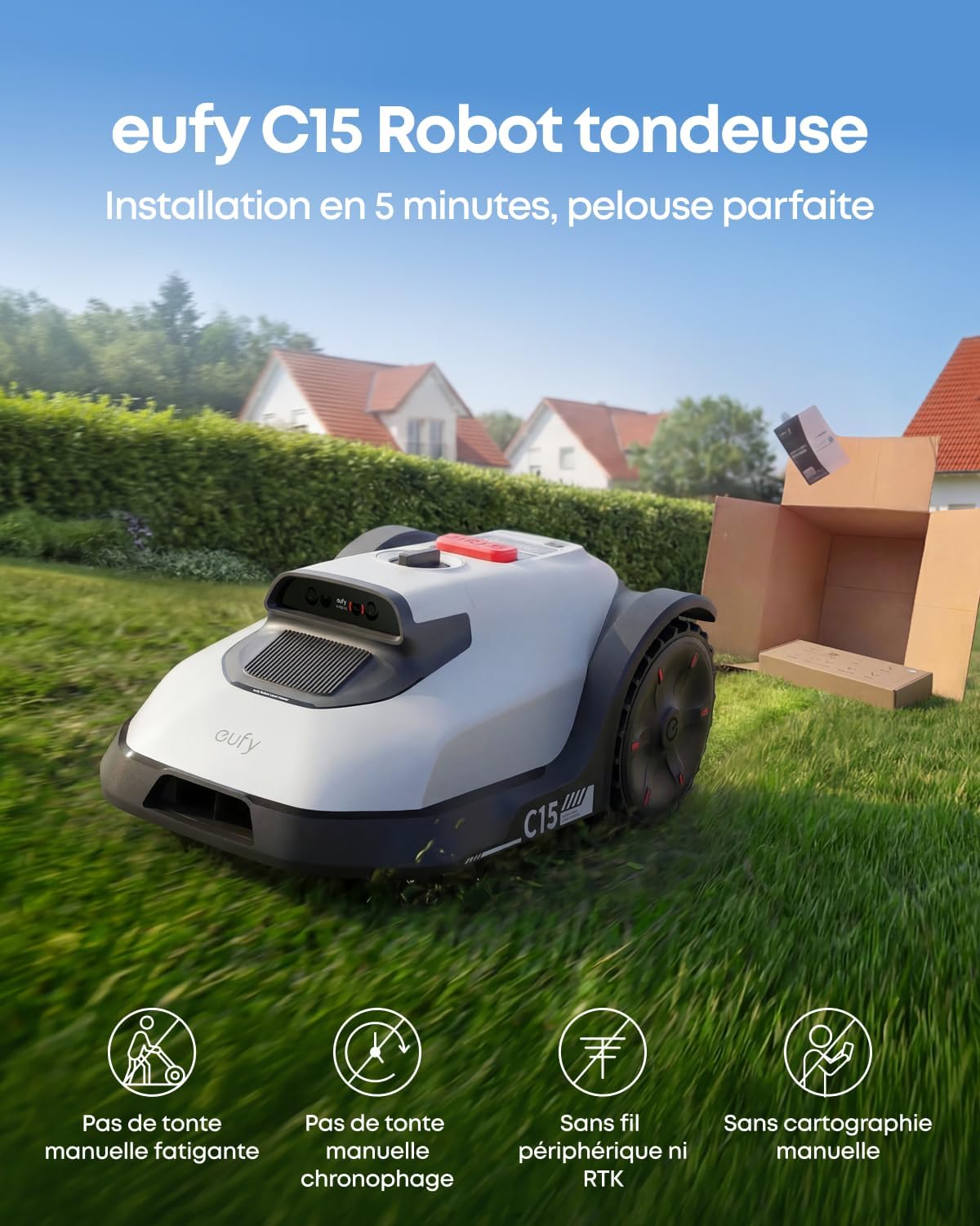 C15 Robot Tondeuse sans Fil périphérique ni RTK, 500 m², Installation en 5 Min, sans problème de Signal, cartographie Automatique Mains Libres, multizone, détection des Obstacles, Ride-on-Edge C15: Jusqu’à 500 m²