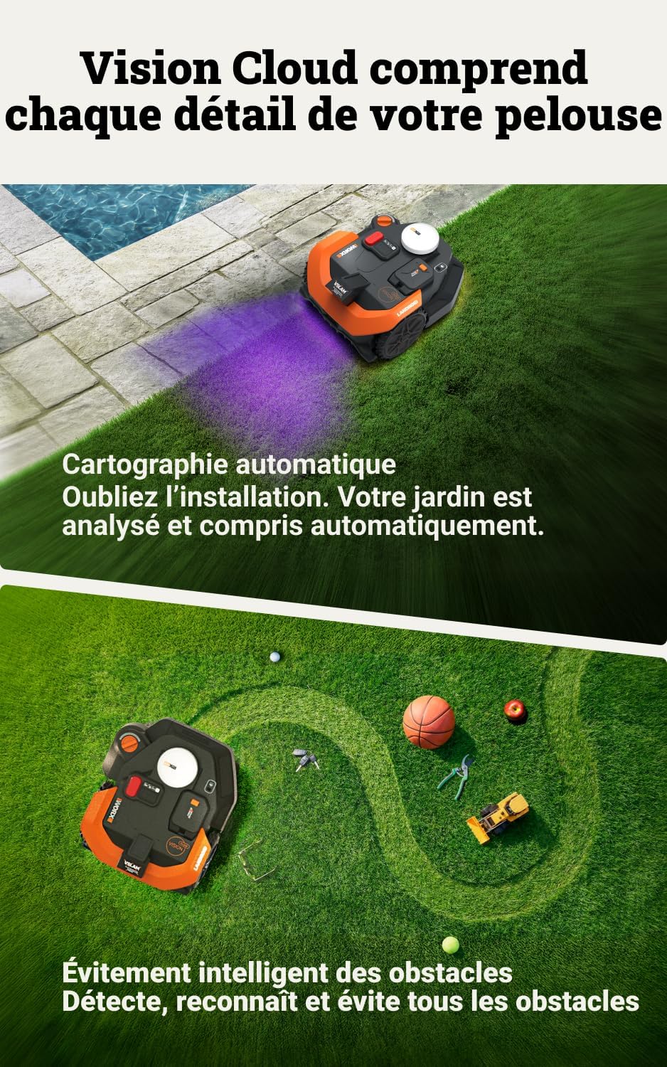 Vision Cloud 2WD Robot Tondeuse WR312E, sans Fil périphérique, jusqu'à 1200 m² (évitement d'obstacles par IA, Navigation VSLAM + RTK Cloud, cartographie Auto, contrôle Via l'app, Cut-to-Zero) 1200 m² 2WD - Robot tondeuse