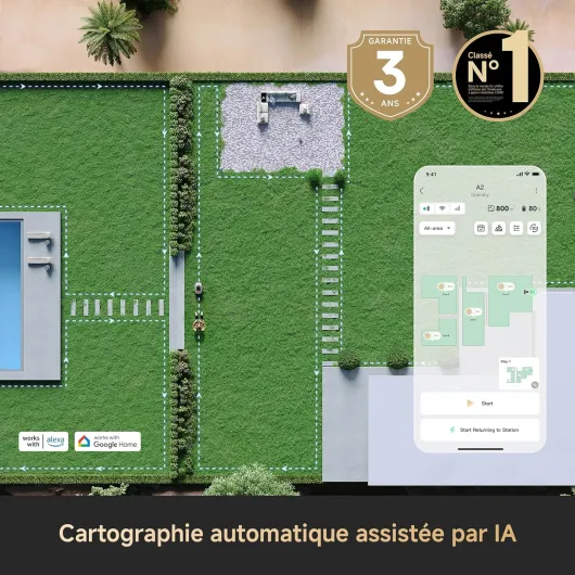 A2 1200 Tondeuse robotisée – sans Fil, sans RTK, pour 1200 m², LiDAR 3D à 360° et Vision IA, capacité de montée Jusqu’à 50% (26,5°), Coupe de précision EdgeMaster de 5 cm