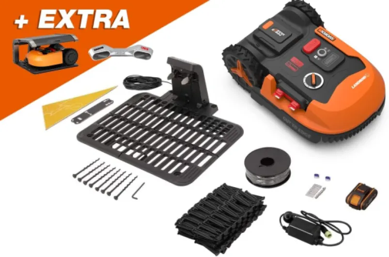 WORX - PACK LANDROID - 1000m² - Tondeuse Robot connectée sans fil LANDROID - WR147E.1 + EXTRAS [Module Anticollision System - évite les obstacles + Garage - protège de la pluie et du soleil]