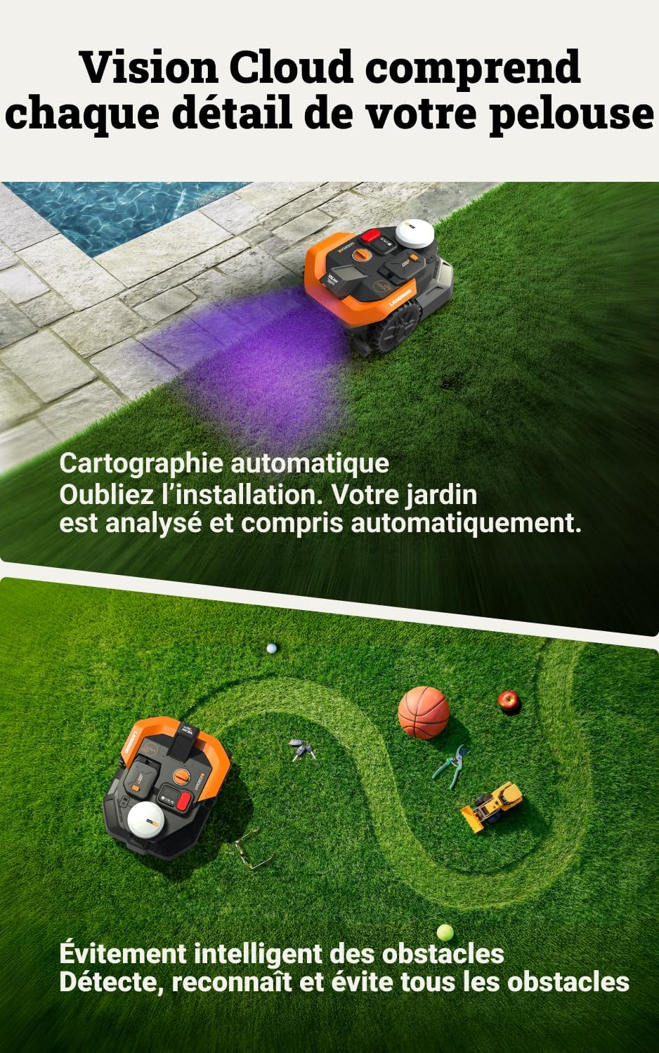 Vision Cloud 2WD Robot Tondeuse WR305E, sans Fil périphérique, jusqu'à 500 m² (évitement d'obstacles par IA, Navigation VSLAM + RTK Cloud, cartographie Automatique, contrôle Via l'application) 500 m² 2WD - Robot tondeuse