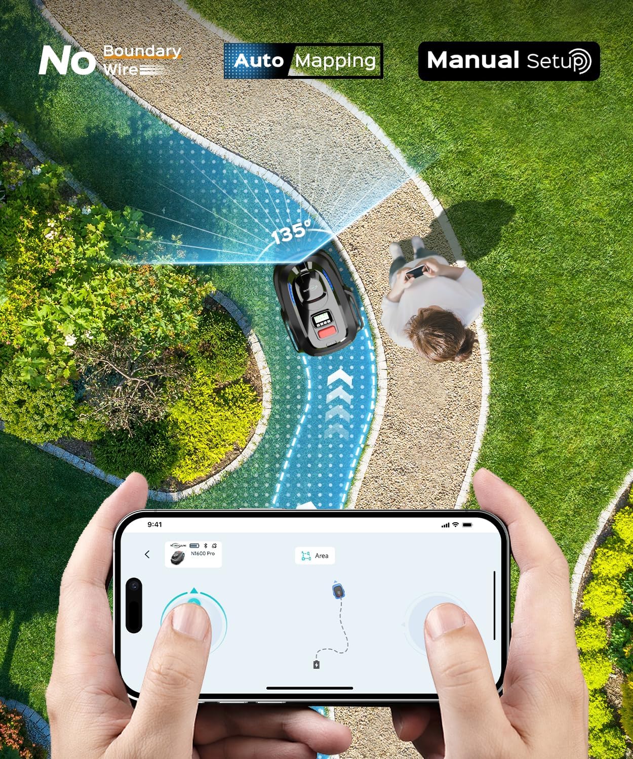N1600 Pro Robot Tondeuse avec Navigation RTK + Vision, délimitation sans Fil, contrôle par Application, Tonte Multi-Zones, Jusqu’à 0,4 Acre Noir