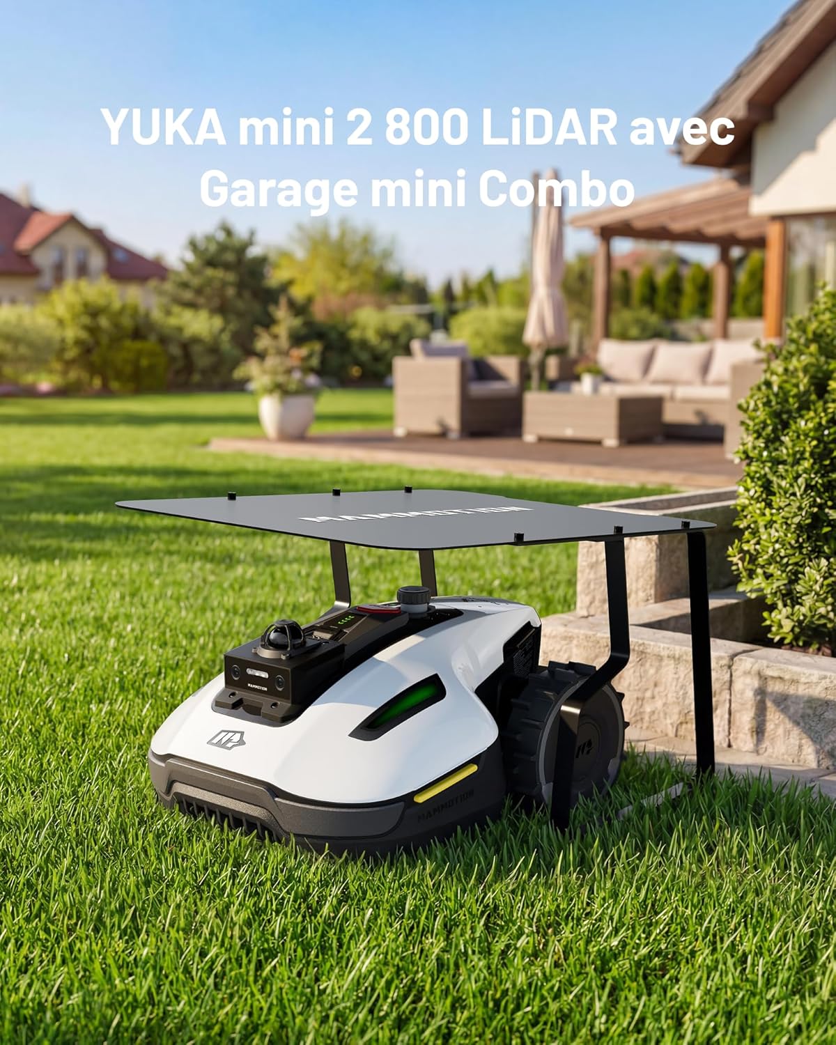 YUKA Mini 2 800 LiDAR Robot Tondeuse avec Mini Garage, LiDAR 360° + Vision AI, Reconnaissance de Plus de 300 Obstacles DropMow Robot Tondeuse sans Fil Périphérique, Recommandé pour 800m²