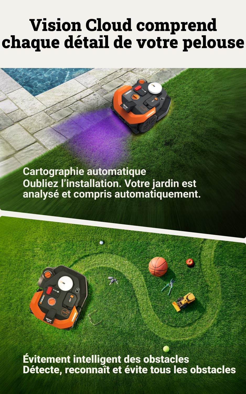 Vision Cloud 2WD Robot Tondeuse WR308E, sans Fil périphérique, jusqu'à 800 m² (évitement d'obstacles par IA, Navigation VSLAM + RTK Cloud, cartographie Auto, contrôle Via l'app, Cut-to-Zero) 800 m² 2WD - Robot tondeuse