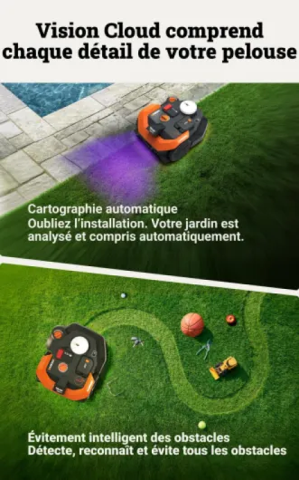 Vision Cloud 2WD Robot Tondeuse WR308E, sans Fil périphérique, jusqu'à 800 m² (évitement d'obstacles par IA, Navigation VSLAM + RTK Cloud, cartographie Auto, contrôle Via l'app, Cut-to-Zero) 800 m² 2WD - Robot tondeuse