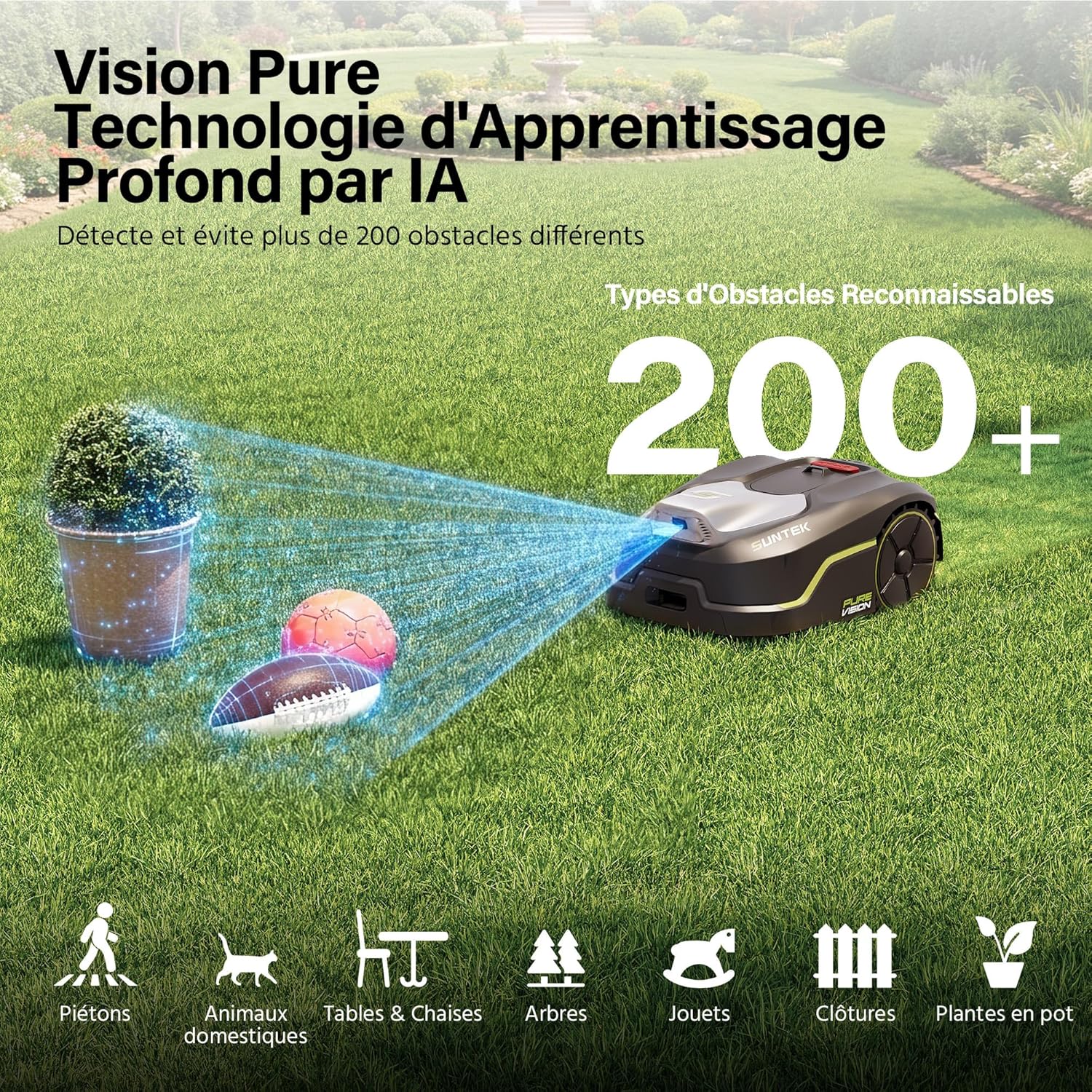 SUNTEK Robot Tondeuse sans Fil Périphérique - Robot Tondeuse IA + Vision pour 250 m², IA Caméra, Pente jusqu'à 35°, Étanchéité IPX5, Cartographie Automatique, Contrôle APP avec Garage SRM2025 avec Garage