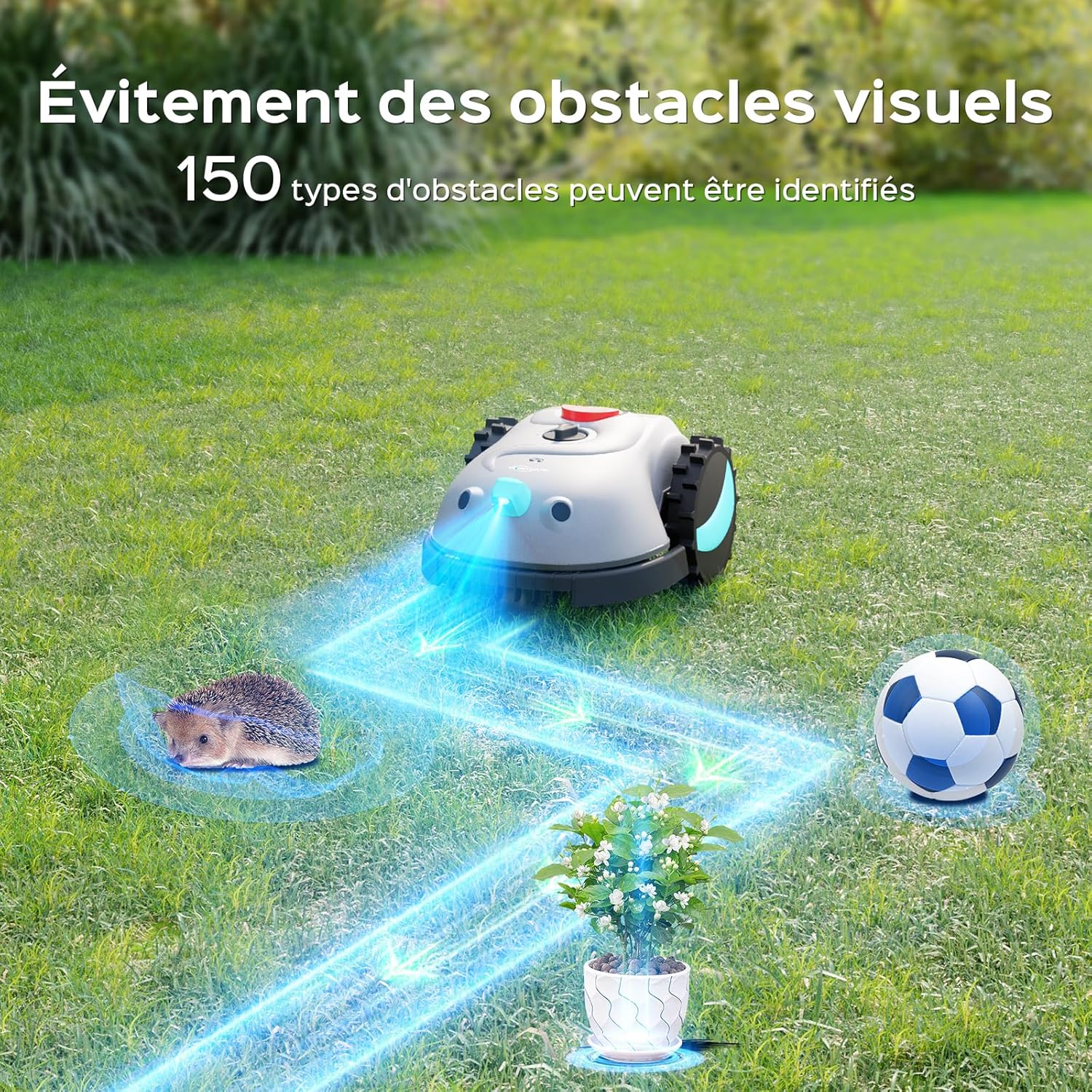 V100 Robot Tondeuse sans Fil Périphérique, avec IA-Visuelle Navigation, sans RTK, sans Problème de Signal, 150 Obstacles, avec Bandemagnétique, Lames de Rechange, Adapté aux Petits Jardins Gris argenté