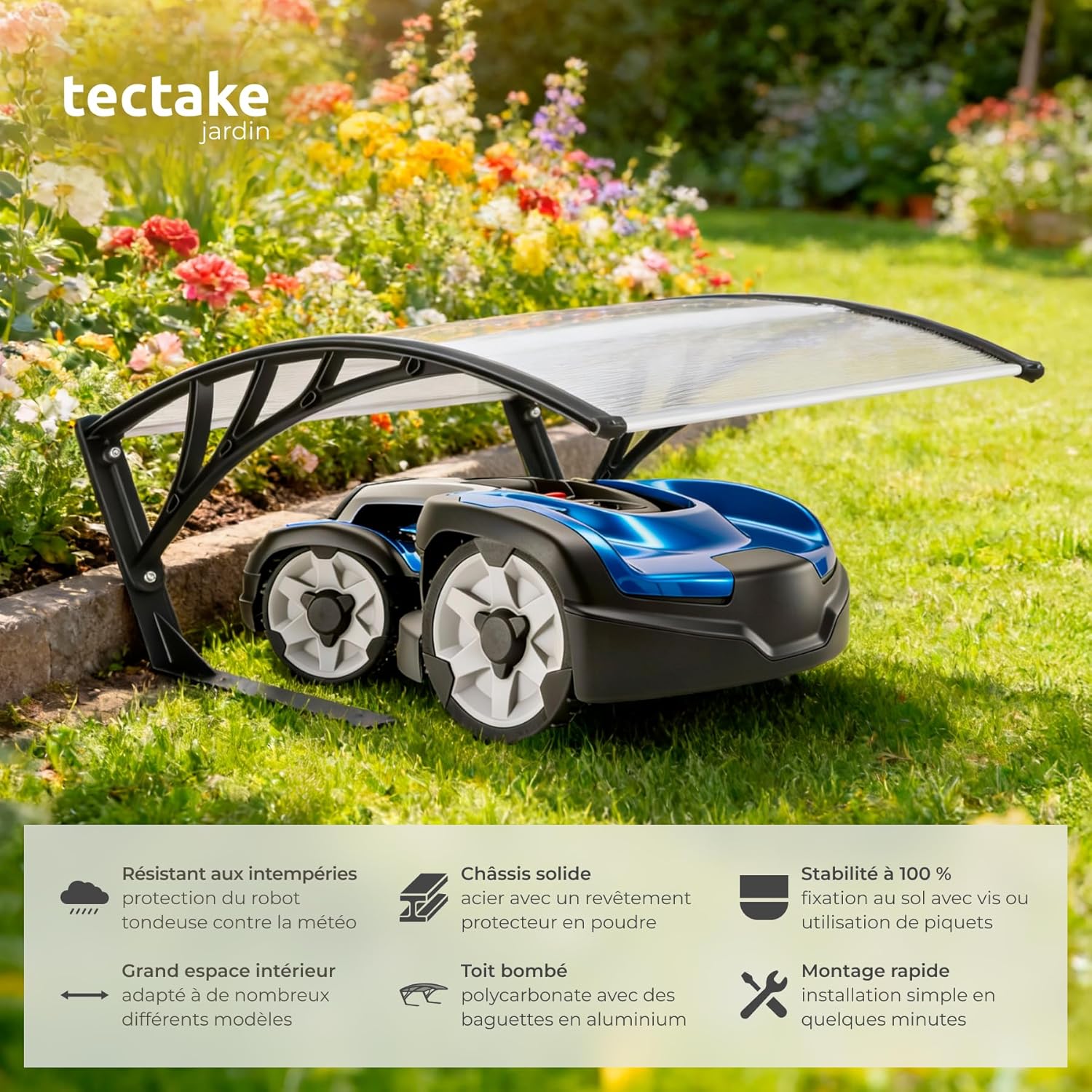 ® Abri Garage pour Robot Tondeuse, Abri de Jardin pour Robot Tondeuse sans Fil périphérique, Auvent Résistant aux intempéries & UV, Fixation au Sol ou ancrage avec des piquets Inclus Blanc Transparent