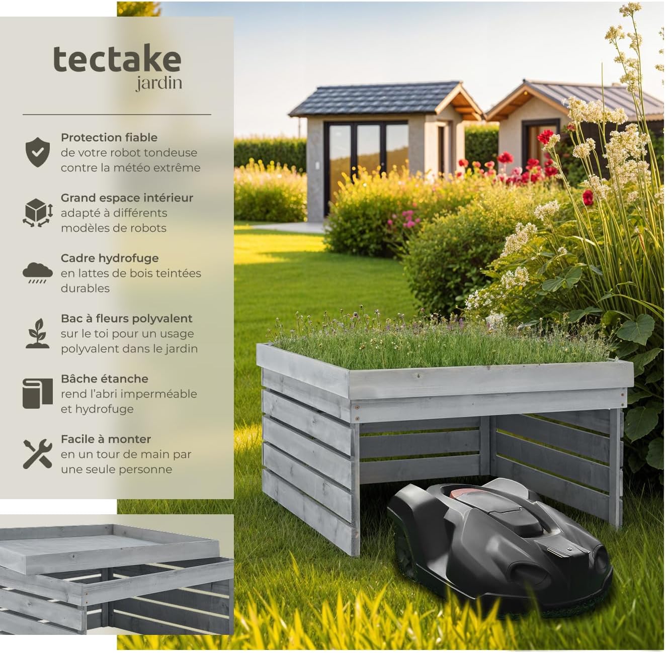 ® Abri garage 84x78x46 cm pour Robot tondeuse sans fil périphérique en bois avec Toit végétal bac à plantes bac à fleurs, Rangement jardin pour tondeuse gazon, Résistant aux intempéries & UV