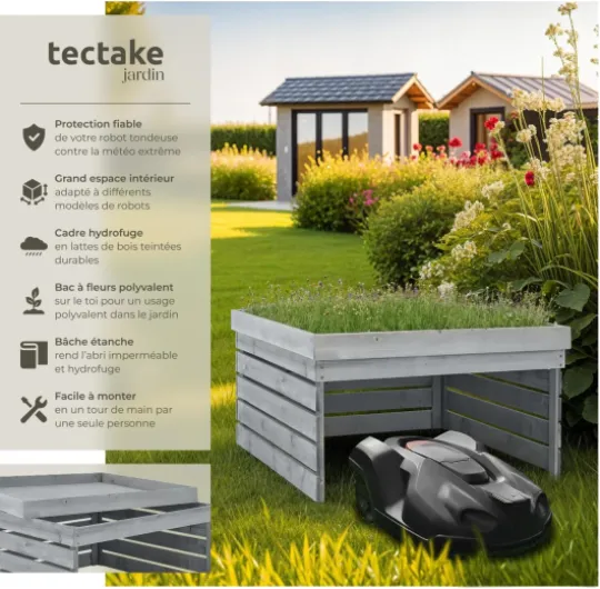 ® Abri garage 84x78x46 cm pour Robot tondeuse sans fil périphérique en bois avec Toit végétal bac à plantes bac à fleurs, Rangement jardin pour tondeuse gazon, Résistant aux intempéries & UV