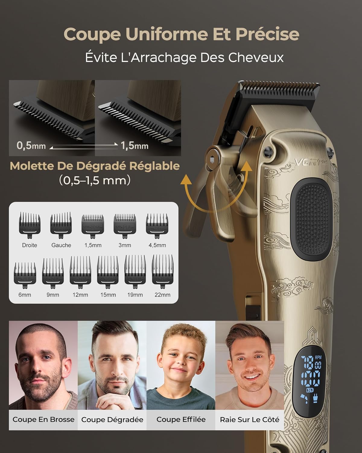 Kit tondeuse cheveux hommes, barbe, Rasoir Electriques Imperméable à Grille, Tondeuse Cheveux Sans Fil, Réglage à 4 Vitesses, Affichage LED de la Batterie,Utilisation en Barber (Gloden)
