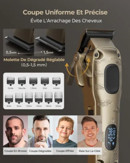 Kit tondeuse cheveux hommes, barbe, Rasoir Electriques Imperméable à Grille, Tondeuse Cheveux Sans Fil, Réglage à 4 Vitesses, Affichage LED de la Batterie,Utilisation en Barber (Gloden)