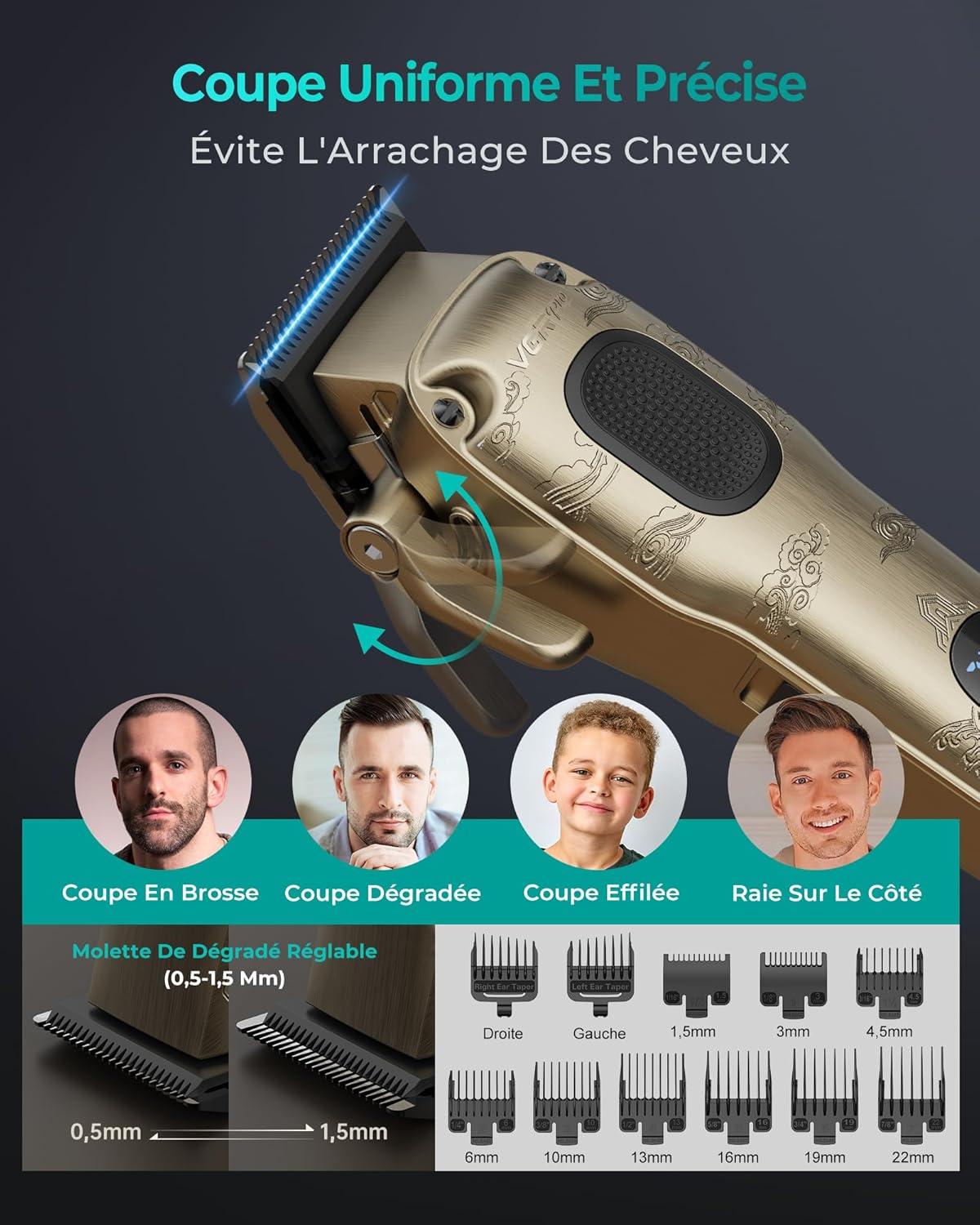 Tondeuse Cheveux Hommes Professionnel, tondeuse homme sans fil avec étui, Électrique kit de coupe pour maison & coiffeur, écran LED, cadeau homme (Gloden)