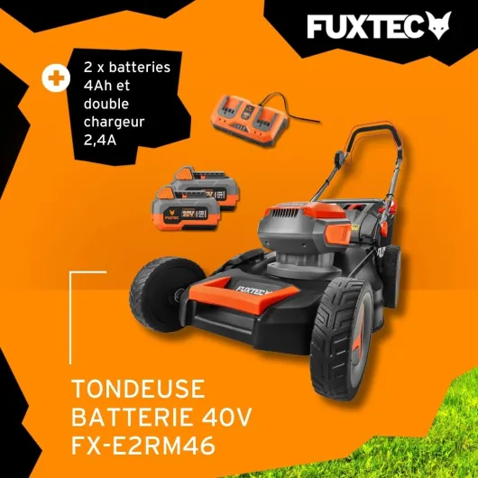 Tondeuse à Gazon sans Fil 40V FX-E2RM46 • Autotractée avec 2 Batteries 4Ah et Double Chargeur • Coupe 46 cm • Mulching et Éjection Latérale • Bac 50L • Hauteur de Coupe 25–75 mm 46 cm - 2 batteries + chargeur - Autotractée
