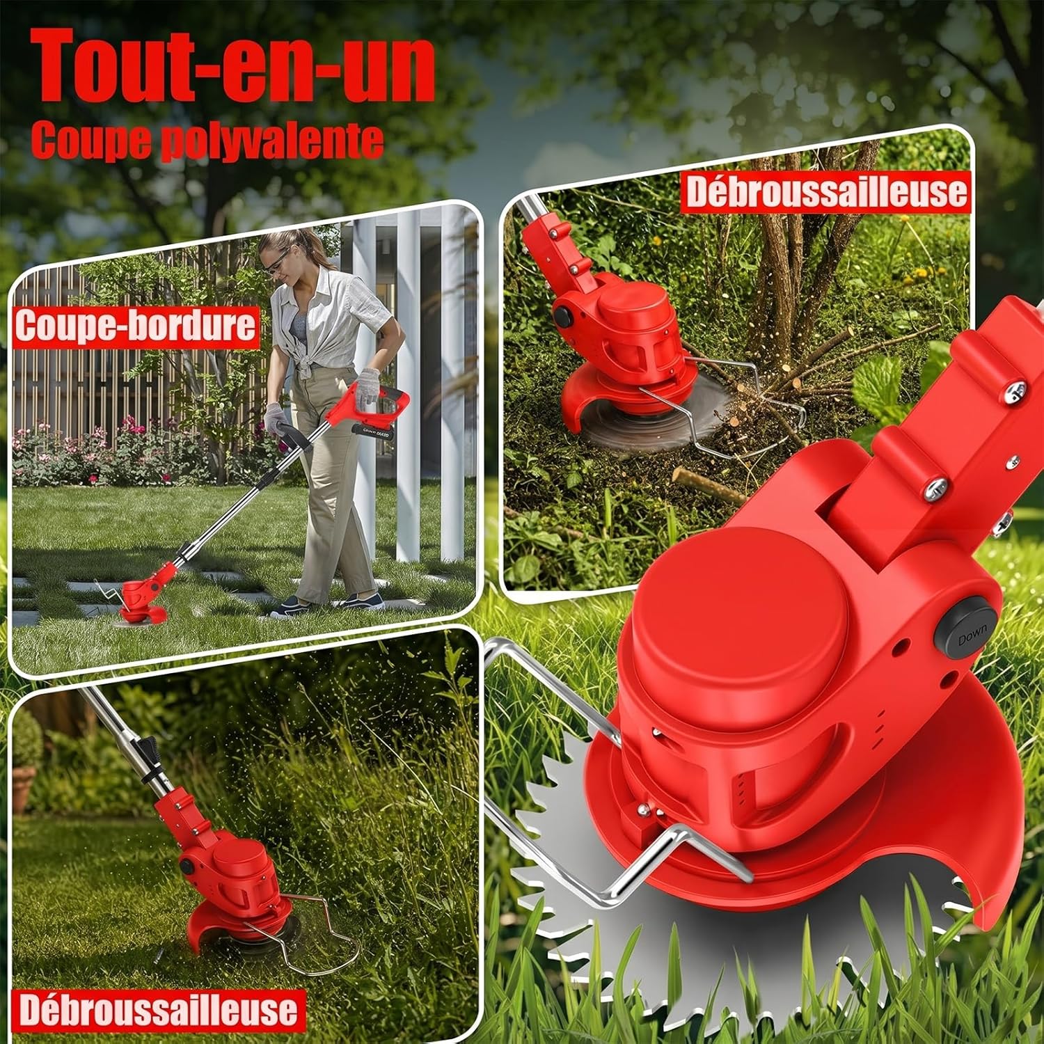 Debroussailleuse Electrique sans Fil 850W Rotofil Batterie 1.8kg Pliable 60cm Manche Telescopique 2X 2000mAh 26 Lames 4 Types pour Entretien Jardin (Rouge Velours)