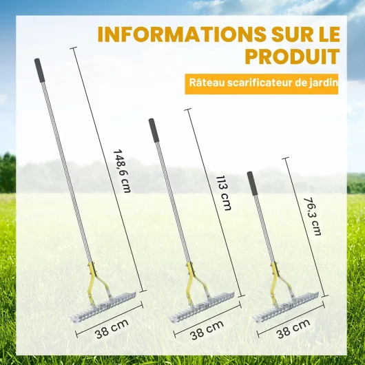BARAYSTUS Scarificateur à Gazon, Râteau Déchaumeur à Chaume, Manche Réglable 148 cm, Dents Acier Carbone – Outil Multifonction pour Désherber et Aérer le Sol – Pelouse et Jardin
