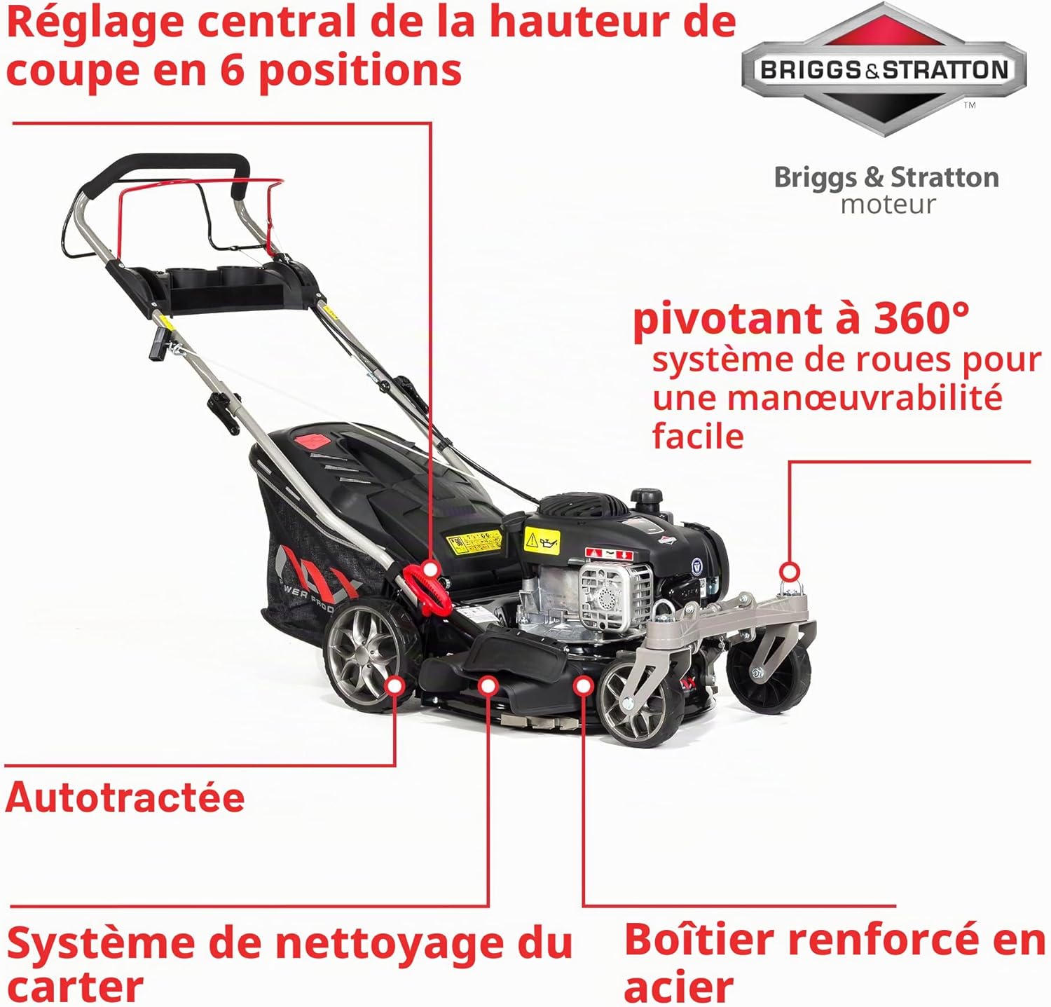 POWER PRODUCTS 1000S moteur Briggs & Stratton série 450E 125 cm3 largeur de coupe 42 cm panier 45l système de lavage du boîtier tondeuse thermique avec entraînement