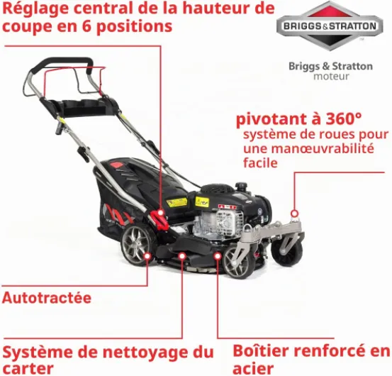 POWER PRODUCTS 1000S moteur Briggs & Stratton série 450E 125 cm3 largeur de coupe 42 cm panier 45l système de lavage du boîtier tondeuse thermique avec entraînement