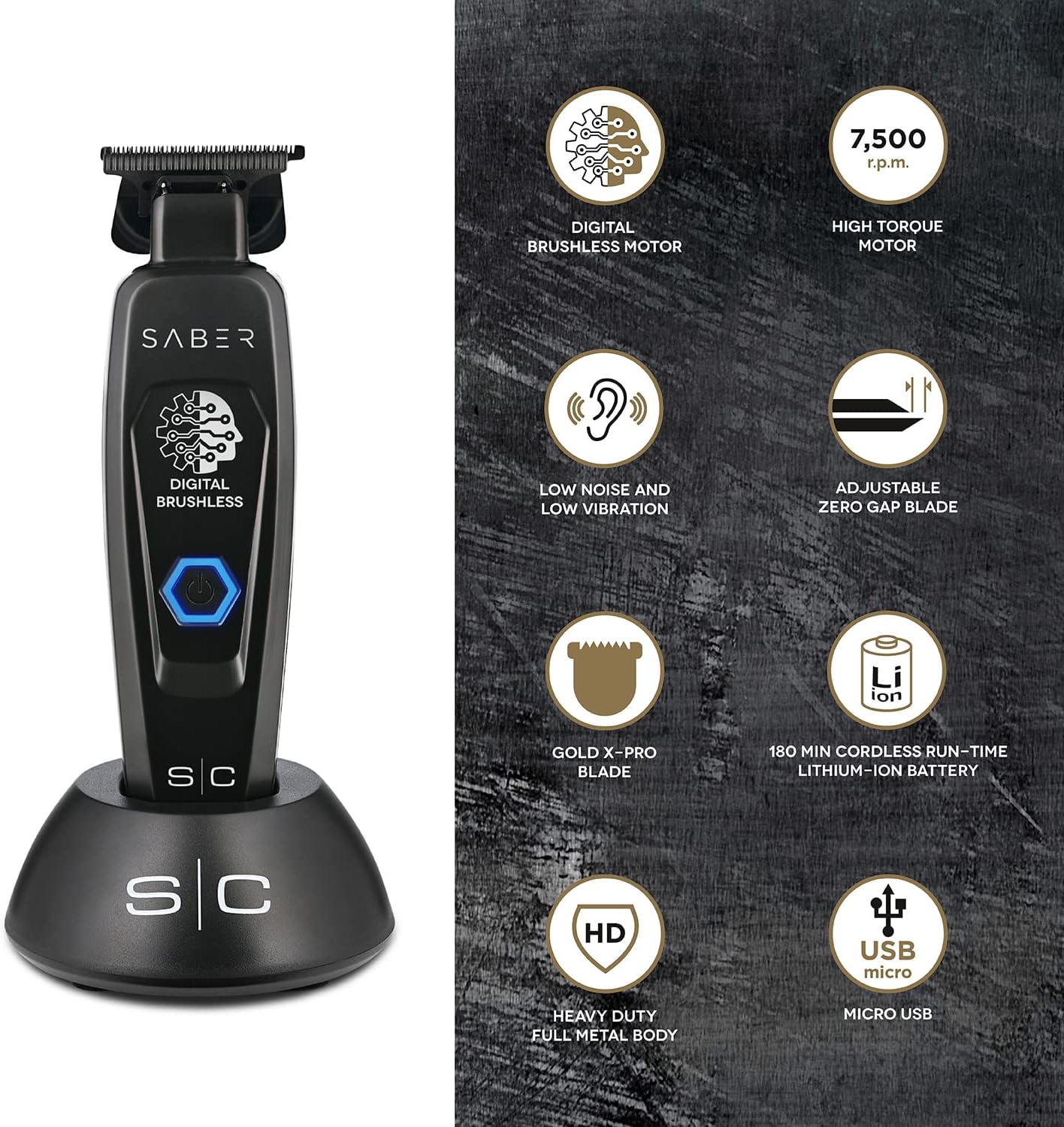 Tondeuse à Cheveux Professionnelle Homme Stylecraft Saber by Gamma Più, Trimmer avec Moteur Brushless 180 Minutes d'autonomie sans fil, Lame Réglable 0 Gap, Corps en Métal (Noir)