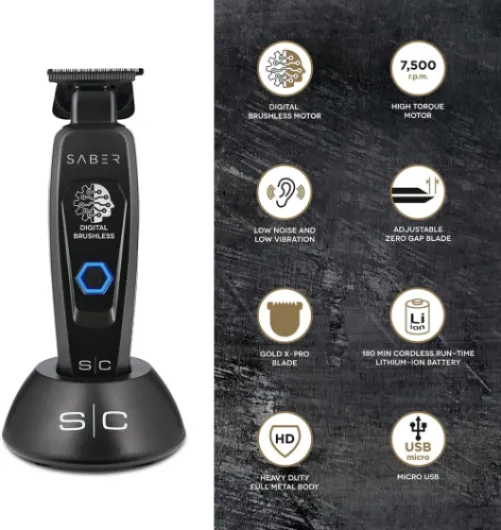 Tondeuse à Cheveux Professionnelle Homme Stylecraft Saber by Gamma Più, Trimmer avec Moteur Brushless 180 Minutes d'autonomie sans fil, Lame Réglable 0 Gap, Corps en Métal (Noir)