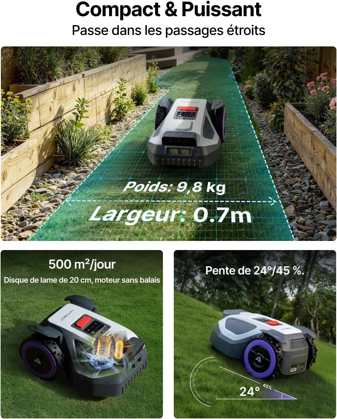 M9 Robot Tondeuse - 1000 m², NetRTK, 4G, 5000 mAh,150 m²/h, Pente de 24° (45%), Gestion Multi-Zones, Zones Interdites, Détection d'obstacles par IA, Réglage de la Hauteur de 3 à 7 cm
