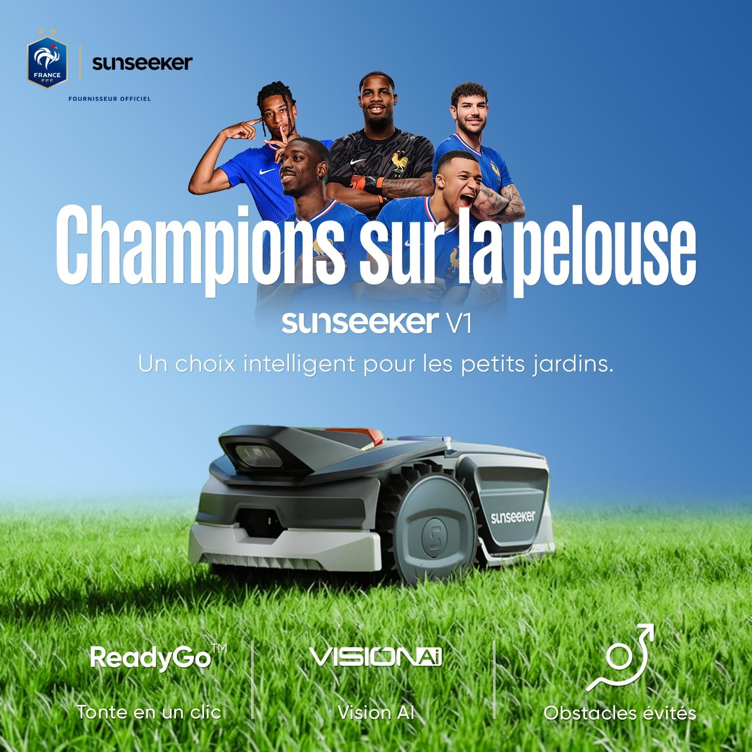 V1 avec Garage, Robot Tondeuse sans Fil Périphérique, 300 m² pour Petits Jardins, Vision AI, Évitement Intelligent des Obstacles, Pentes 27%, Tonte en Un Clic, Contrôle Via Application