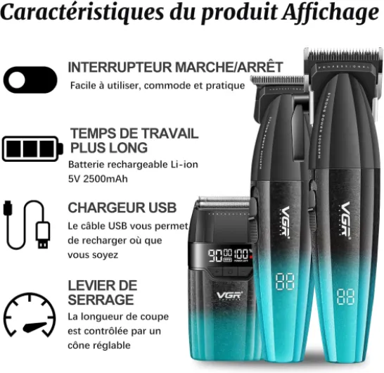 640 S3 Tondeuse Cheveux Homme Professionnel, Rechargeable Tondeuse Finition et Rasoir À Grille Kit de Coupe, Kit Coiffure Machine Sans Fil avec Écran Led pour Barbier et Usage Domestique, Vert