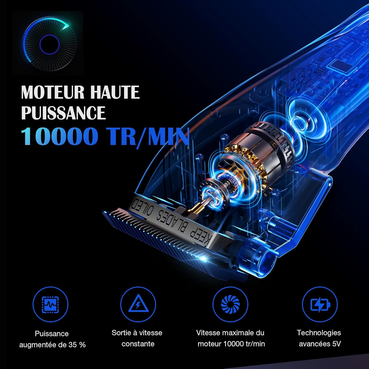 Tondeuse à cheveux professionnelle pour homme - Lame fade revêtue de titane - Lame en T réglable Zero-Gap - 5 niveaux de longueur - Peignes de guidage magnétiques - Batterie 2500 mAh et Gris