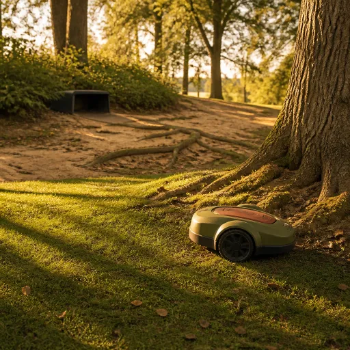 Robot tondeuse sur un terrain boisé : gérer arbres, racines et ombres portées